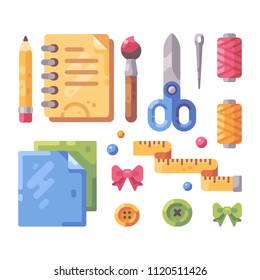 Set of art and craft supplies flat illustration.
