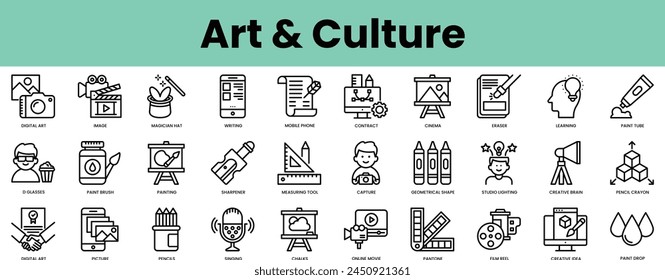 Set of art and culture icons. Linear style icon bundle. Vector Illustration