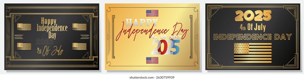 Set of Art deco 4th of July, Independence Day 2025 poster with gold frames, decorative lines borders and geometric golden label frame.