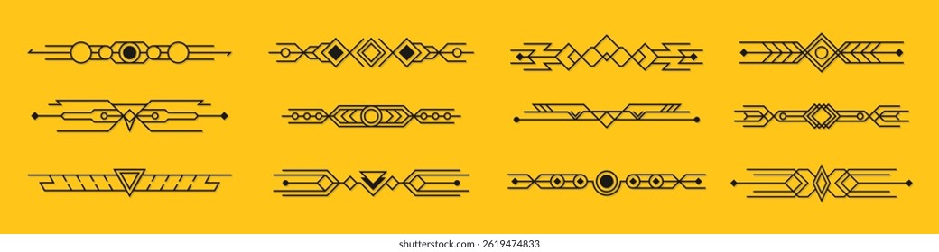 Conjunto de art déco. Composições abstratas, cabeçalhos e divisores no estilo de jornais e pinturas.