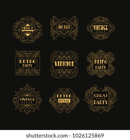 Set of Art Deco badges. Decorative golden frames in vintage style. Luxury linear emblems. Vector design for hotel logo, wedding or party invitation card