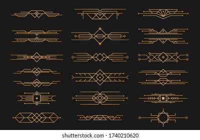 Set of Art deco black calligraphy page dividers. Patterns, ornaments in art deco style. 1920s vintage gold dividers, retro header graphic elements, flourishes vignettes decoration for design. Vector.