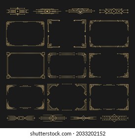 Set Of Art Deco Black Calligraphy Page Dividers. Patterns, Ornaments In Art Deco Style. Vintage Design Linear Icon Floral Elegant Decor, Victorian Style. Text Frame Thin Line Set. Vector Illustration.