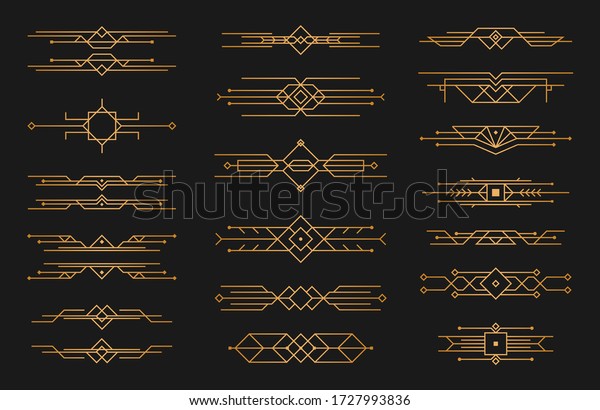 Set of Art deco black calligraphy page dividers.\
Patterns, ornaments in art deco style. 1920s vintage gold dividers,\
retro header graphic elements, flourishes vignettes decoration for\
design. Vector.