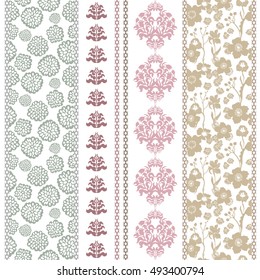 Set of Art deco borders with bohemian motifs. Hand drawn seamless damask pattern, kimono print, floral ornaments. Vintage textile collection. Golden, silver shadows on white. 
