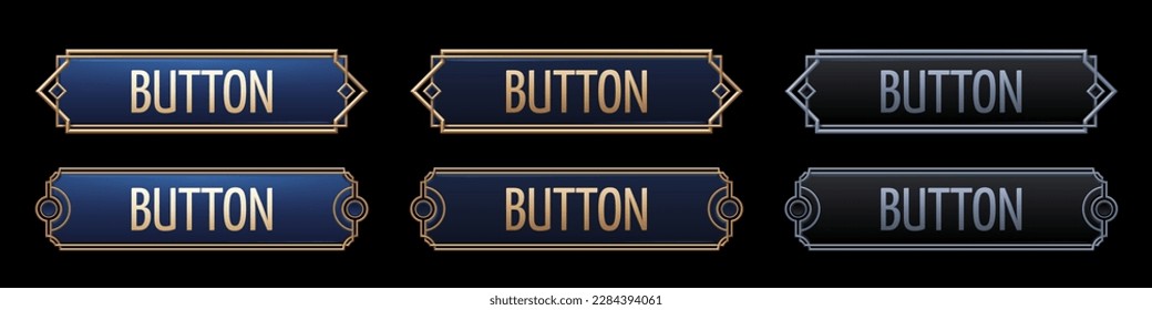 Set of art deco buttons isolated on black background. Realistic vector illustration of bronze, golden, silver metal luxury ui frames with sophisticated decoration. Medieval style border. Sprite sheet