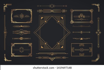 Set of Art Deco elements. Vector elements of geometric golden label frame, gold frames, vintage antique elegant design set.