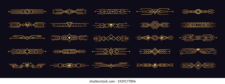 Set of Art Deco elements. Vintages golden elegant border, decoratives antique ornament  in style of 1920s. Artdeco corners for borders and frames.