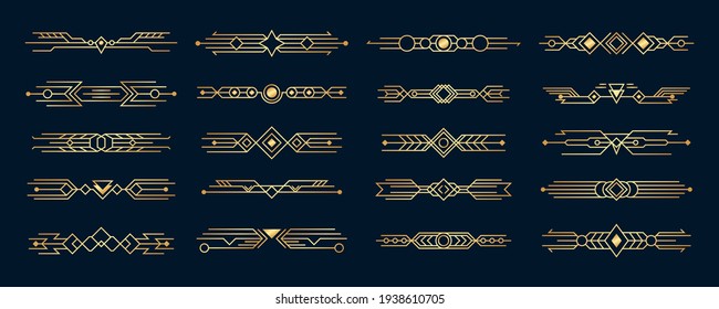 Set of Art Deco elements. Vintages golden elegant border, decoratives antique ornament  in style of 1920s. Artdeco corners for borders and frames.