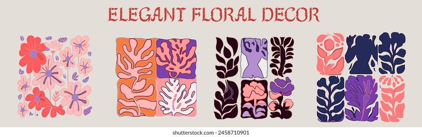 Set of art deco floral elements: flower and green leaves. Wedding poster and invite template. Vector elements for greeting card.