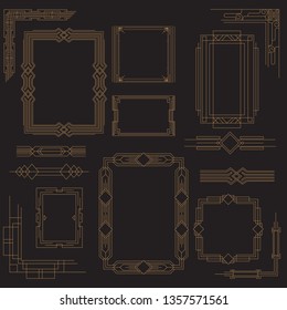 set of art deco frame templates. luxury, vintage and ornamental line vector on black background. - vector
