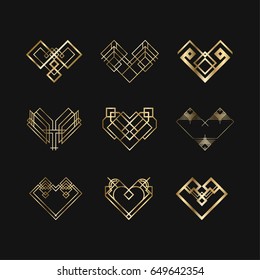 Set of Art deco geometric hearts. Creative template in style of 1920s for your design. Vector illustration. EPS 10