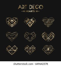 Set of Art deco geometric hearts. Creative template in style of 1920s for your design. Vector illustration. EPS 10