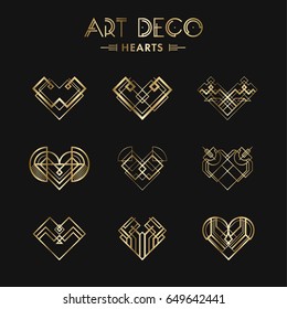 Set of Art deco geometric hearts. Creative template in style of 1920s for your design. Vector illustration. EPS 10