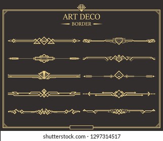 Set of Art deco gold calligraphic page dividers. Vector golden flourishes page decoration vignettes. header and border template in style of 1920s for your design.