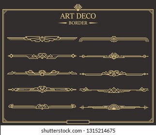 Set of Art deco gold calligraphic page dividers. Vector golden flourishes page decoration vignettes. header and border template in style of 1920s for your design.