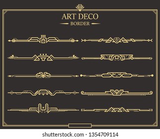 Set of Art deco gold calligraphic page dividers. Vector golden flourishes page decoration vignettes. header and border template in style of 1920s for your design.