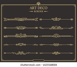 Set of Art deco gold calligraphic page dividers. Vector golden flourishes page decoration vignettes. header and border template in style of 1920s for your design.