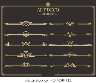 Set Of Art Deco Gold Calligraphic Page Dividers. Vector Golden Flourishes Page Decoration Vignettes. Header And Border Template In Style Of 1920s For Your Design.