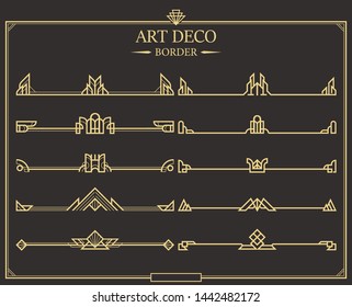 Set of Art deco gold calligraphic page dividers. Vector golden flourishes page decoration vignettes. header and border template in style of 1920s for your design.