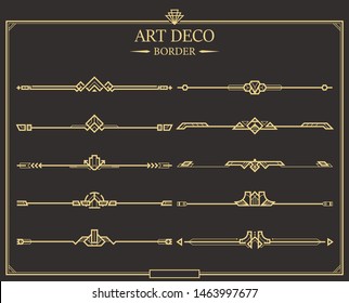 Set of Art deco gold calligraphic page dividers. Vector golden flourishes page decoration vignettes. header and border template in style of 1920s for your design.