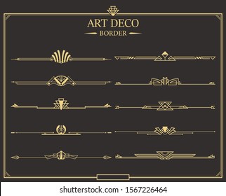 Set of Art deco gold calligraphic page dividers. Vector golden flourishes page decoration vignettes. header and border template in style of 1920s for your design.