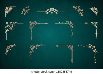 Set of Art deco gold calligraphic page dividers. Vector golden Decorative vintage corners template in style. Set of hand drawn corners and vintage borders. Vector calligraphic lines and wedding frames