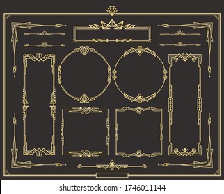 Set of Art deco gold calligraphic page dividers. Vector golden flourishes page decoration vignettes. header and border template in style of 1920s for your design.