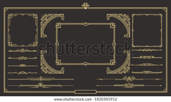Set of Art deco gold\
calligraphic page dividers. Vector golden flourishes page\
decoration vignettes. header and border template in style of 1920s\
for your design.