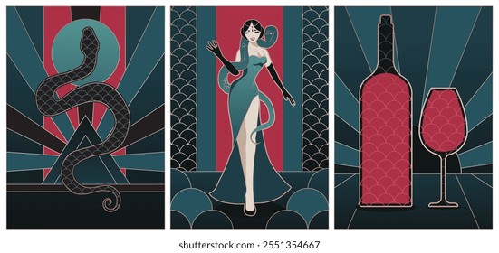 set of art deco illustration with scale pattern, snake style