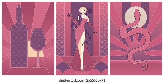 set of art deco illustration with scale pattern, snake style	