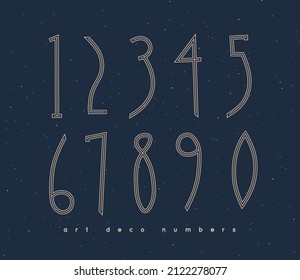 Set of art deco numbers drawing in vintage style on blue background