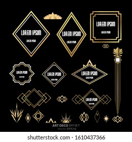 Set of Art Deco / Art Nuvo labels and frames and objects golden black beautiful luxury set of shopping tags and design  geometric details .