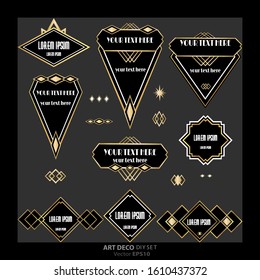 Set of Art Deco / Art Nuvo labels and frames and objects golden black beautiful luxury set of shopping tags and design  geometric details .