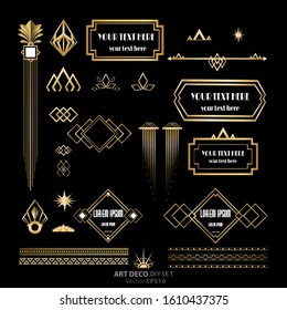 Set of Art Deco / Art Nuvo labels and frames and objects golden black beautiful luxury set of shopping tags and design  geometric details .