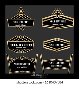 Set of Art Deco / Art Nuvo labels and frames and objects golden black beautiful luxury set of shopping tags and design  geometric details .