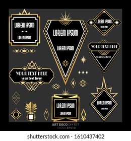 Set of Art Deco / Art Nuvo labels and frames and objects golden black beautiful luxury set of shopping tags and design  geometric details .