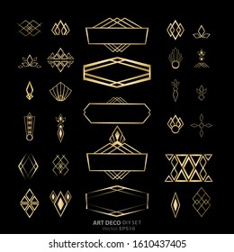 Set of Art Deco / Art Nuvo labels and frames and objects golden black beautiful luxury set of shopping tags and design  geometric details .