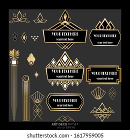 Set of Art Deco / Art Nuvo labels and frames and objects golden black beautiful luxury set of shopping tags and design  geometric details .