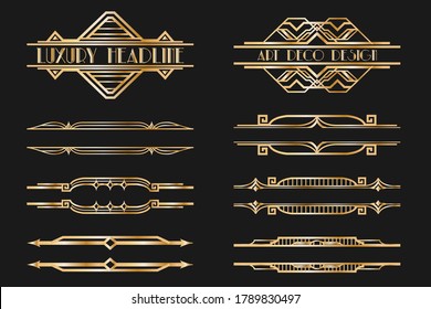 Set of Art deco page headers. Patterns, ornaments in artdeco style. 1920s vintage gold dividers, old header graphic elements, geometric vignettes decoration for design. Vector illustration