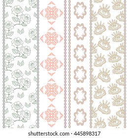 Set of Art Deco seamless borders. Oak leaves, abstract flowers, geometric ornaments. Indian, Persian, Chinese motifs. Vintage textile collection. Silver, white.