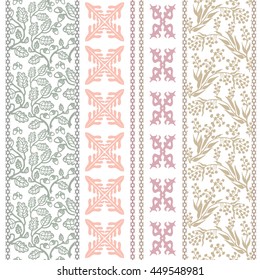 Set of Art Deco seamless borders. Oak leaves, fantasy flowers, geometric ornaments. Indian, Persian, Chinese motifs. Vintage textile collection. Silver, white.
