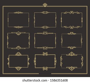 Set of Art deco vintage golden borders. Gold geometric hand drawn swirl frames. Vector isolated flourish design elements. EPS 10