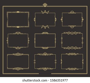 Set of Art deco vintage golden borders. Gold geometric hand drawn swirl frames. Vector isolated flourish design elements. EPS 10