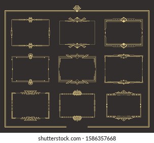 Set of Art deco vintage golden borders. Gold geometric hand drawn swirl frames. Vector isolated flourish design elements. EPS 10