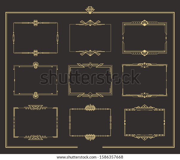 Set of Art deco vintage golden borders. Gold geometric\
hand drawn swirl frames. Vector isolated flourish design elements.\
EPS 10