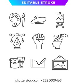 Set of Art and Design Outline Icon. Brush, Pen, Tablet, Rainbow, Artist, Hat, Digital, Paint, and More. Editable Stroke. Vector Eps 10