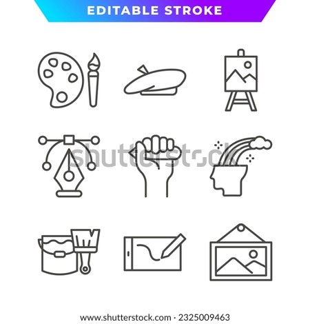 Set of Art and Design Outline Icon. Brush, Pen, Tablet, Rainbow, Artist, Hat, Digital, Paint, and More. Editable Stroke. Vector Eps 10