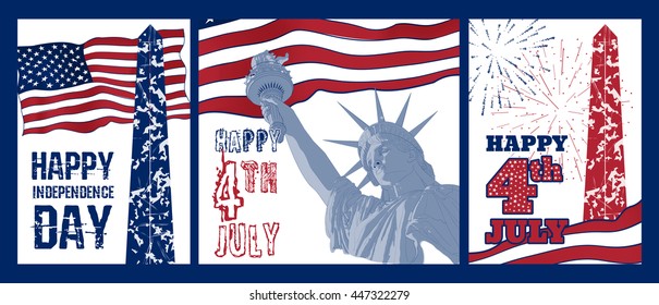 Set of art design of Statue of Liberty with american flag. Design for fourth july celebration USA. American symbol.
