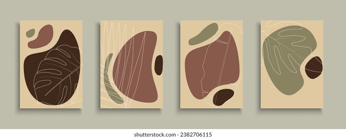 Set of art elegant hand drawn nature covers, templates, placards, brochures, banners, flyers and etc. Color contour backgrounds, postcards, posters, invitation, tags. Fashion cards with drawing leaves